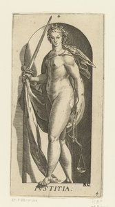 adalet Iustitia (nesne üzerindeki başlık) Yedi Erdem (dizi adı) by Hendrick Goltzius