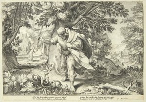 Teiresias sopasıyla iki çiftleşen yılana vurdu by Hendrick Goltzius