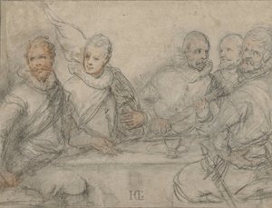 Beş memur, silahlı adam yemeği için çalışın. by Hendrick Goltzius