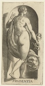 Dikkat Prudentia (nesne üzerindeki başlık) Yedi Erdem (dizi adı) by Hendrick Goltzius