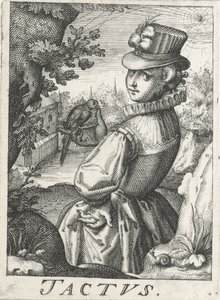 Duygu (Tactus), kuşu olan bir kadın Tactus (nesne üzerindeki başlık) Beş duyu (dizi adı) by Hendrick Hondius (rejected attribution)