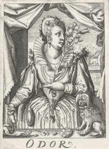 Koku (Koku), çiçek dalı olan bir kadın Koku (nesne üzerindeki başlık) Beş duyu (dizi adı) by Hendrick Hondius (rejected attribution)
