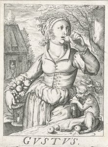 Tat (Gustus), meyveli bir kadın Gustus (nesne üzerindeki başlık) Beş duyu (dizi adı) by Hendrick Hondius (rejected attribution)