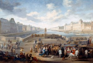 Henri IV'ten alınan Louvre ile Paris manzarasının Seine üzerindeki köprü detayı. Hendricks Mommers (1623-1693) Ec tarafından boyama. Bekle.