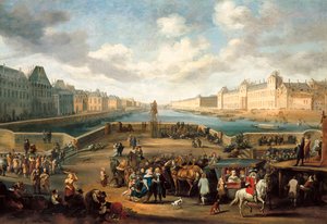 Henri IV köprüsünden (Pont neuf) alınan Louvre ile Paris manzarası - tuval üzerine yağlı boya