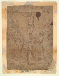 Arka Planda Tutku Sahneleri ile Bakire ve St. John Arasındaki Haç Üzerindeki İsa by Hendrick de Clerck