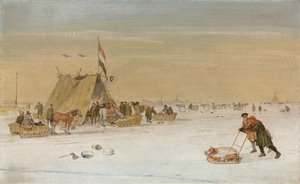 Bir koek-en-zopie çadırının yanında buz üzerinde figürlerin olduğu bir kış manzarası