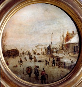 Buz patencileri ve hokey oyuncularıyla kış manzarası Resim Hendrick Avercamp (1585-1634) Çap 25 cm Musei di Strada Nuova (eski Palazzo Rosso) Genes İtalya