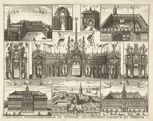 Blad bir araya geldi tien voorstellingen van de intocht van de Kardinaal Bebek Ferdinand te Antwerpen, 1635 Antwerp kentindeki muhteşem yerlerin ve eserlerin örnekleri (nesne üzerindeki başlık)