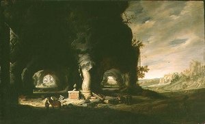 Hayali Bir Manzarada Bir Mağara, c.1643 (panelde yağlı boya)