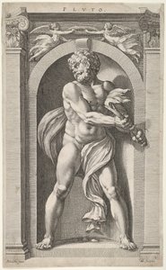 Plüton, bir figür, dört kafa ve bir sütunun tersi çizimleri üzerinde, 1592. by Hendrik Goltzius