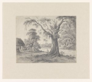 Bir ağaç ve kulübe ile bir at ve araba ve iki figür ile manzara by Hendrik Huygens (signed by artist)