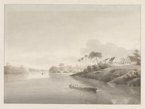 Bir nehir üzerindeki bazı evlerin görünümü, muhtemelen Jodensavanne by Hendrik Huygens
