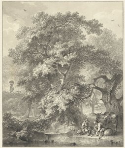 Bir şelalede dinlenme çobanları ile orman manzarası by Hendrik Meijer