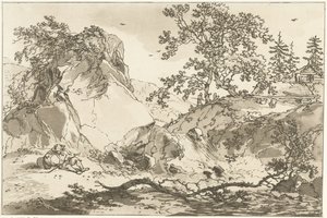 Heuvelachtig landschap bir araya geldi een rustende adam Peyzaj Çizmeyi Öğrenenlerin Kullanımı İçin Hesaplanan On İki Tasarım (seri başlığı) by Hendrik Meijer