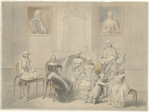 Portreleri duvara asılan Pieter Cornelis Hasselaer ve Clara Wendela Sautijn'in çocukları, büyükanneleri Wendela Eleonora Reael ile birlikte.