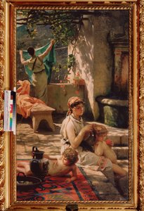 Kuyuda. (Bir kadın çocuğunun saçını yapar, diğeri çamaşır asar). Henryk Siemiradzki
