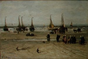 Balıkçı gemileri ve balıkçılar ile kıyı manzarası by Hendrik William Mesdag