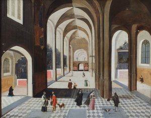 Bir din adamıyla konuşan kırmızılı bir adam da dahil olmak üzere figürlü bir kilise içi (tuval üzerine yağlıboya) by Hendrik the Younger (follower of) Steenwyck