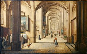 Ziyaretçilere bir tablo gösteren bir sacristan ile kilise iç, 1608 (kart üzerinde yağlı boya)