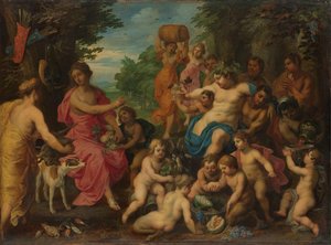 Diana, Bacchus ve Maiyeti Tarafından Şarap ve Meyve Sundu by Hendrik van Balen (I)