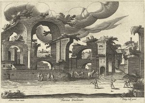 Ön planda kroket oynayan iki adam ile yandan Diocletianus Hamamı kalıntıları, 1585. by Hendrik van Cleve III
