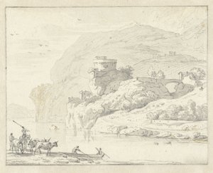 Çobanları ve Sığırları ile İtalyan Dağ Manzarası ve Nehri Geçen Bir Teknede İki Figür by Hendrik van der Straaten (attributed to)