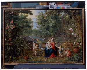 Putti, Kuşlar ve Hayvanlarla Bahçede Oturan Bakire Ve Çocuk by Hendrik van the Elder Balen
