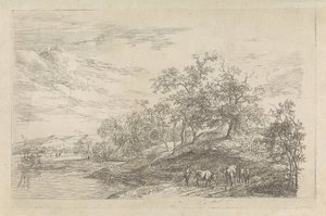 İnekler ile bir çoban ile tepelik manzara by Hendrikus van de Sande Bakhuyzen