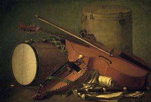 Müzik aletleri, davul, keman, flüt ve hurdy-gurdy, Henri Horace Roland de la Porte (1724-1793). Fransa by Henri Horace Roland Delaporte