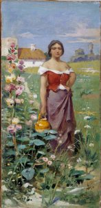 Camargaise bir sürahi Tarlada bir çingene ile giyinmiş genç bir kadın. Adrien Henri Tanoux (1865-1923) tarafından yapılan resim 20. yüzyıl Zorunlu söz: Koleksiyon fondasyonu, de Provence, Marsilya