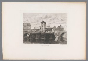 Gezicht op de Pont Notre-Dame Pont Notre-Dame pompası (nesne üzerindeki başlık) Fransa etsen uit 1875 (seri başlığı) 1875