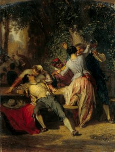 Kabare sahnesi Dans eden ve öpüşen çiftler. Henri Baron (1816-1885) tarafından yapılan resim 19. yüzyıl Güneşi. 0,35x0,27 m