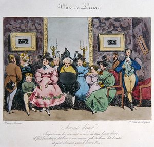 Francois Seraphin Delpech (1778-1825) tarafından kazınmış, akşam yemeğinden önce konukların davranışlarının ve konuşmalarının mizahi tasviri (renkli taş)