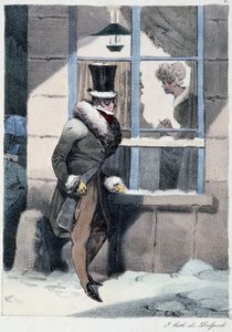 Meraklı adam bir evin içinde pencereden dışarı bakıyor: “” Herkes bulduğu yerde zevk alıyor”” - Henri Monnier, ed “Les pastemps” içinde. Delpech, Paris by Henri Bonaventure Monnier