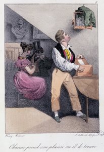 Karısı onu aldatırken kuşları besleyen adam: “” Herkes zevkini alır ya da o onu bulur”” - Henry Monnier, “Les pastemps”de, ed. Delpech, Paris, v.1830 by Henri Bonaventure Monnier
