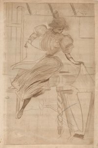 Kadın bir baskı standındaki resimlere bakar. by Henri Boutet (possibly)
