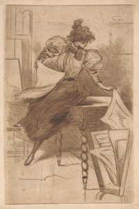 Kadın bir baskı standındaki resimlere bakar. by Henri Boutet (possibly)
