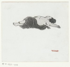 Çıplak göğüslü Japon kadın uzanmış by Henri Charles Guérard (attributed to)