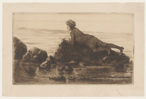 Sahilde kayalar üzerinde yatan çocuk by Henri Charles Guérard