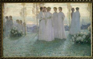 Pazar günü, Beyazlar içinde bir bahçede konuşan kadın - Tablo Henri Eugene (Henri-Eugene) tarafından Le Sidaner (1862-1939) by Henri Eugene Augustin Le Sidaner