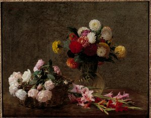 Bir sepet içinde Dahlias ve güller Tablo Henri Fantin Latour (Fantin-Latour) by Ignace Henri Jean Fantin Latour