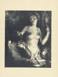 Elinde kalem ve açık bir kitapla oturan adam ve yanında bir ilham perisi veya İlham İlhamı L'Epreuve olarak duran çıplak kadın (seri başlığı) by Ignace Henri Jean Fantin Latour