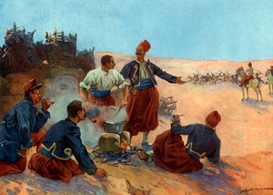 Conquete de Algerie: “” bivouac de zouaves de l'armee francaise sous le Commande du General Bugeaud au la revolt d'Abd el-Kader, juin 1836” (Fransızların Cezayir'i fethi: Bugeaud komutasındaki Fransız zouave askerleri, Abd- el-Kader