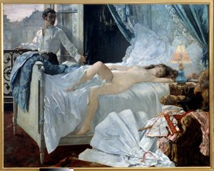 Rolla. Yatak odasında bir çift, kadın çıplak uyuyor ve adam ona pencereden bakıyor. Henri Gervex'in (1852 - 1929) tablosu. 1878. Dim. 1,75 x 2,20 m Musee des Beaux Arts de Bordeaux - Rolla. Yatak odasında bir çift, kadın uyuyor ve na