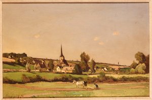 Bir Pullukçu ve ötesinde bir Köy ile Geniş Bir Manzara by Henri Joseph Harpignies