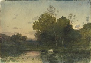 Sığır İçme ile Ormanlık Bir Göl Kenarında Akşam Işığı by Henri Joseph Harpignies