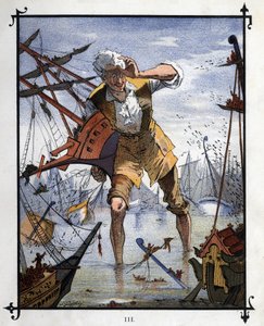 Lemuel Gulliver, Lilliput ve Blefuscu gemileri arasındaki deniz savaşının merkezinde. Jonathan Swift (1667-1745) tarafından “” Gulliver