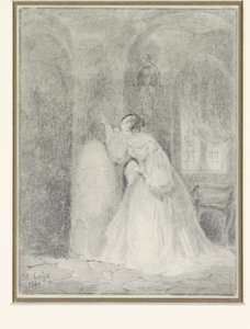 Bir sütuna yaslanmış genç bir kadınla iç mekan by Henri Leys (baron)