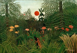 Gün batımında bakir orman. Siyah bir leopar tarafından saldırıya uğradı by Henri Rousseau